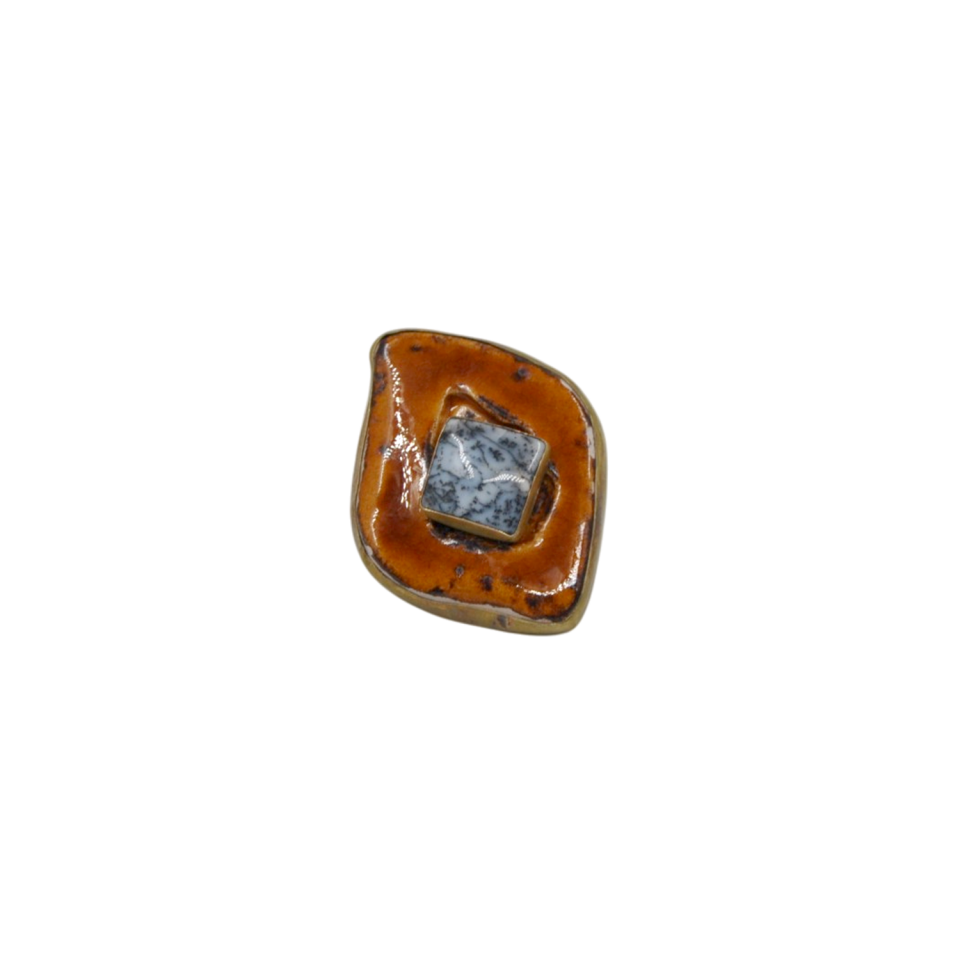 Dendritik Opal Taşlı Seramik ve Ham Pirinç El Yapımı Tasarım Yüzük
