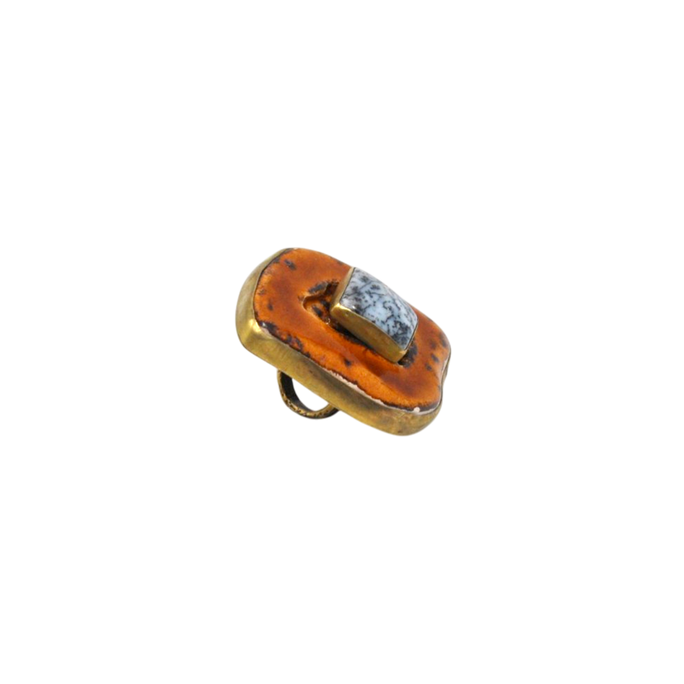Dendritik Opal Taşlı Seramik ve Ham Pirinç El Yapımı Tasarım Yüzük