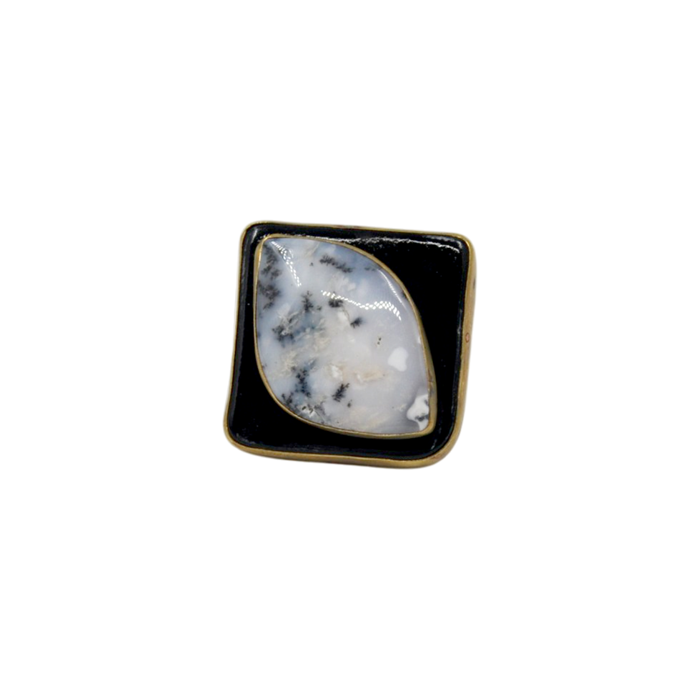 Dendrit Opal Taşlı Siyah Seramik Tasarım Yüzük