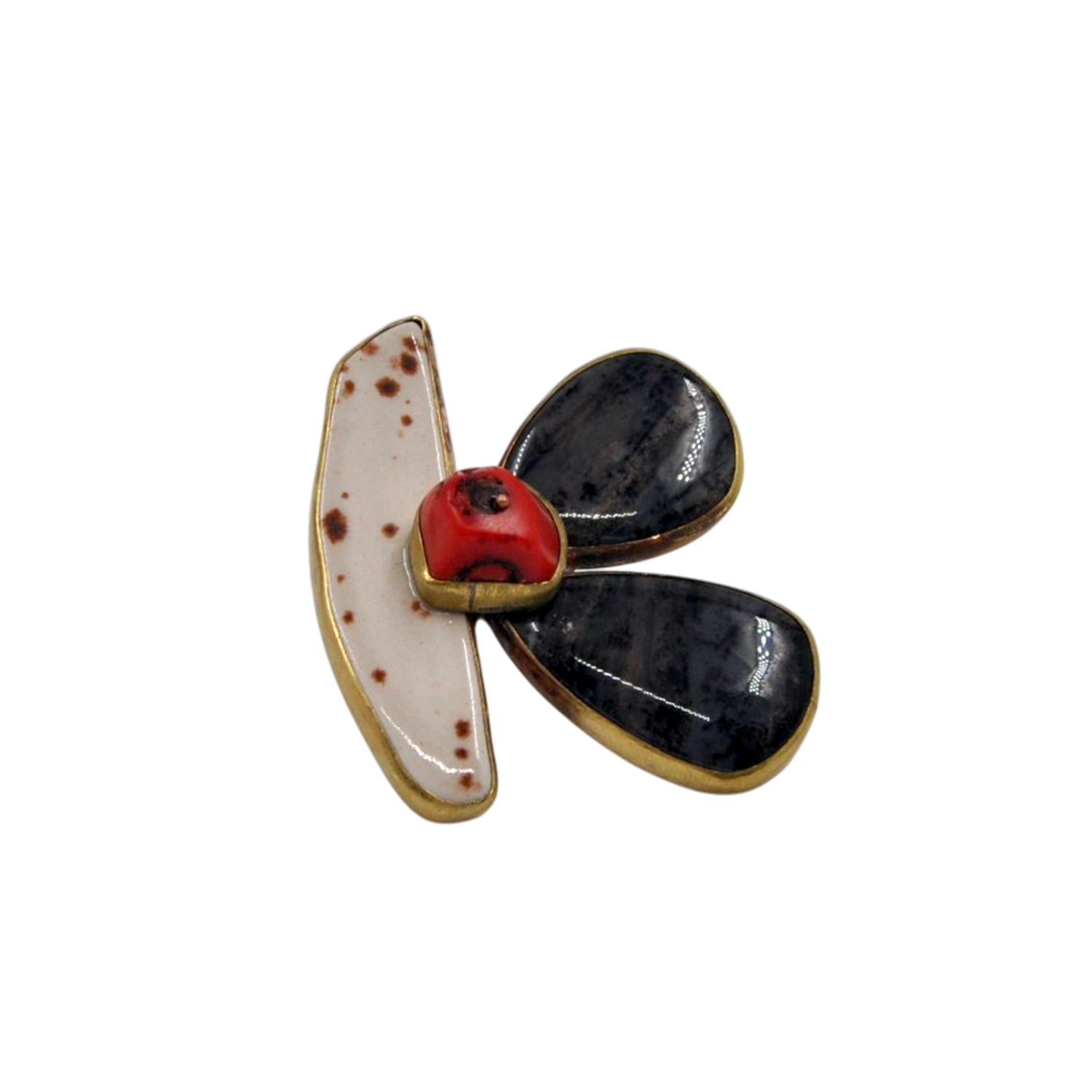 Ceramic Design Ring with Coral and Moonstone Details and Flower Shape