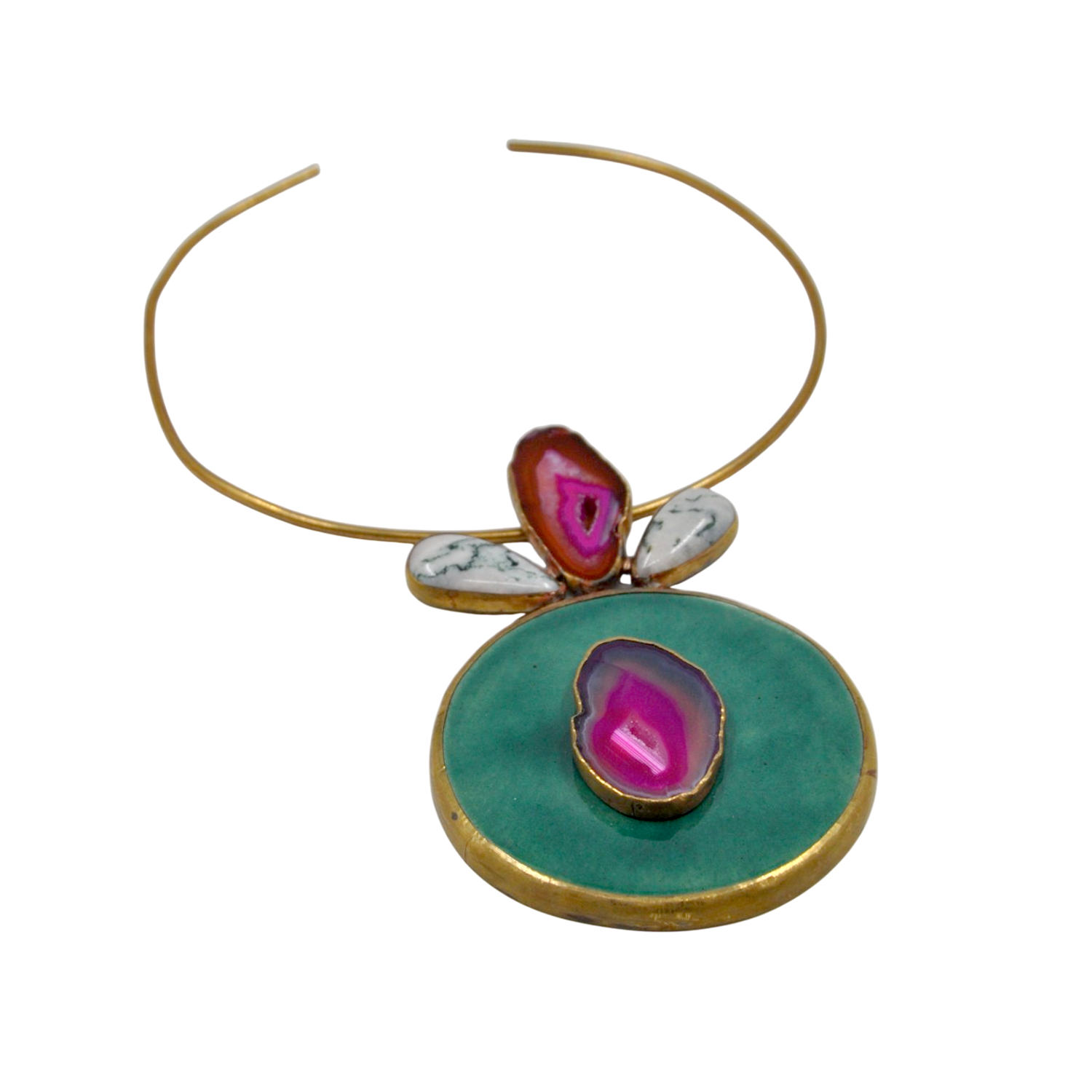 Handmade Green Ceramic & Pink Agate Necklace