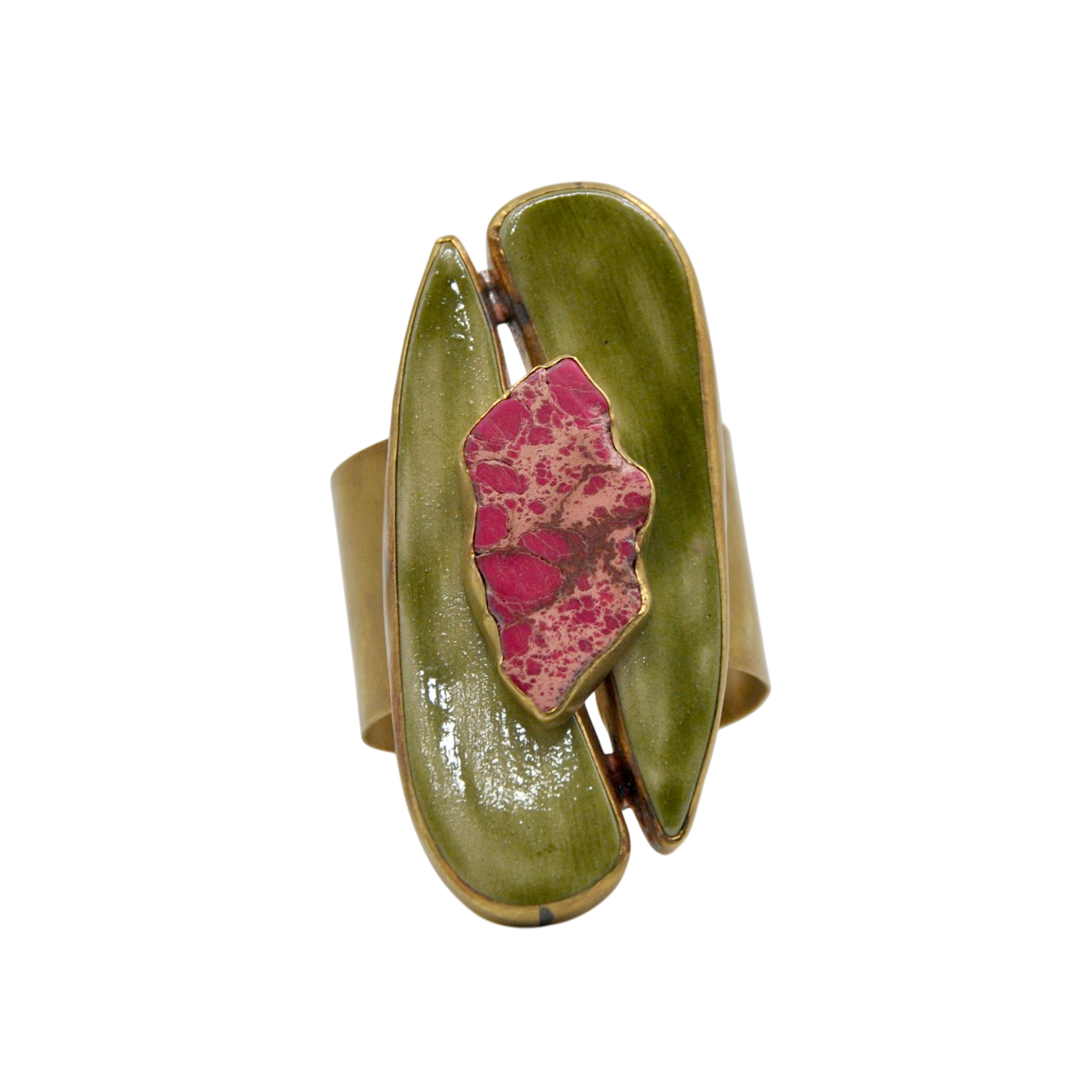 Yeşil Seramik ve Pembe Doğal Taşlı El Yapımı Seramik Bileklik