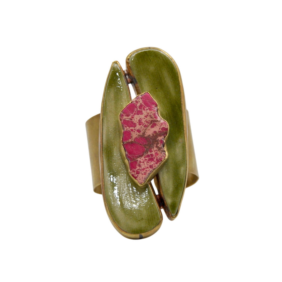 Yeşil Seramik ve Pembe Doğal Taşlı El Yapımı Seramik Bileklik